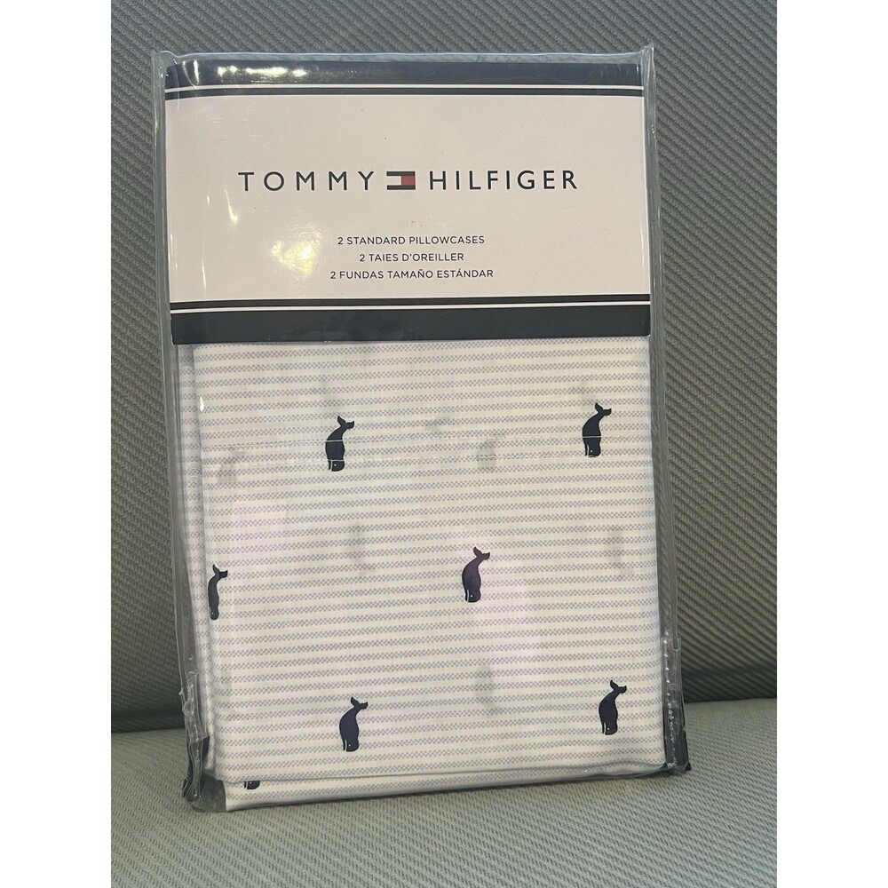 Tommy Hilfiger Standard Pillowcases Pair Whale Blue Stripe Cotton Blend New